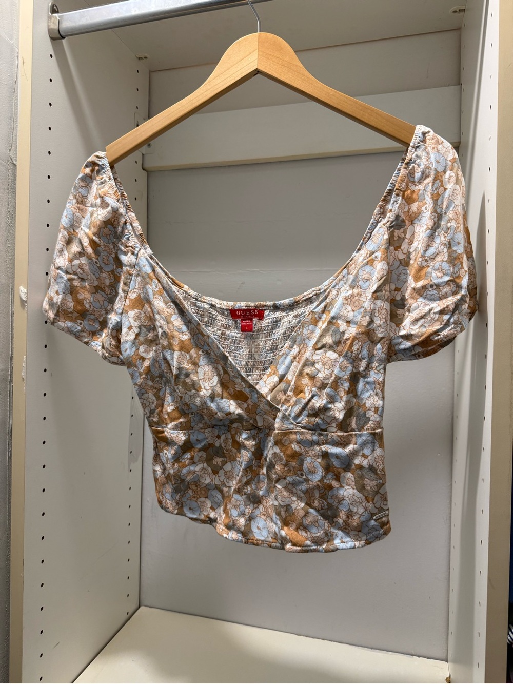 Guess Floral Wrap Crop Top in Tan and Light Blue